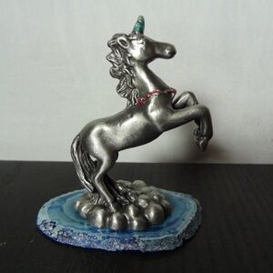 Pewter Unicorn Figurine on a Slice of Blue Geode Stone